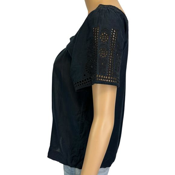 J. Crew Eyelet Silk Blend Blouse Black Embroidered Short Sleeve Size 0 - Picture 6 of 11